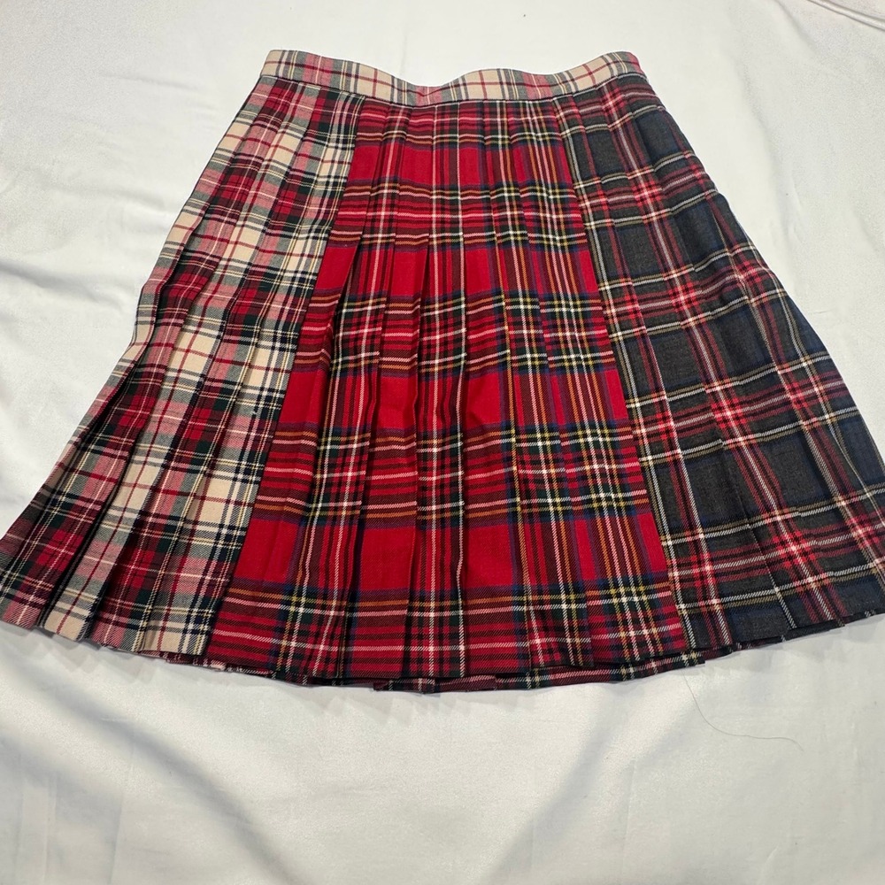 Brooks Brothers Red Patchwork Tartan Plaid Pleated Wool Skirt 6 Red EX